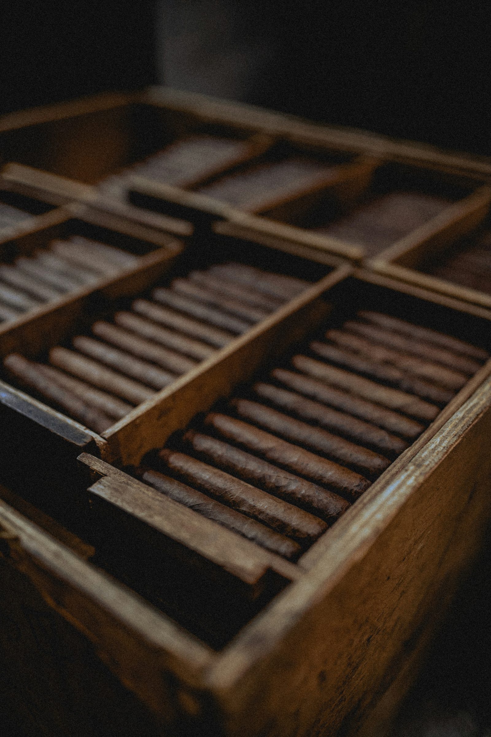 Cigars resting in wooden press molds at the factory