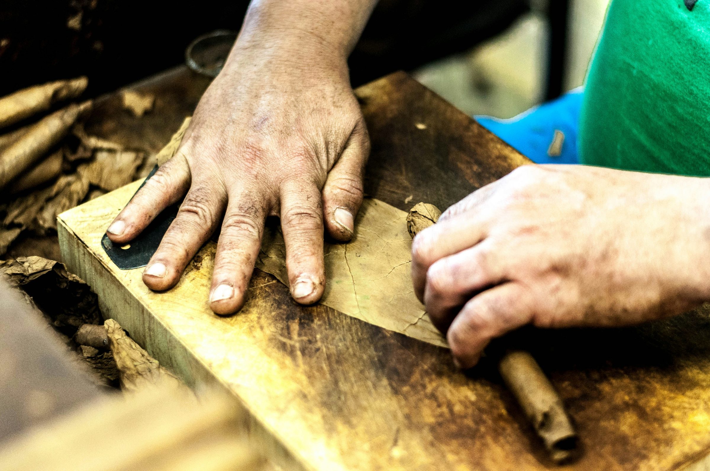 Weathered hands pressing tobacco leaf on a worn board