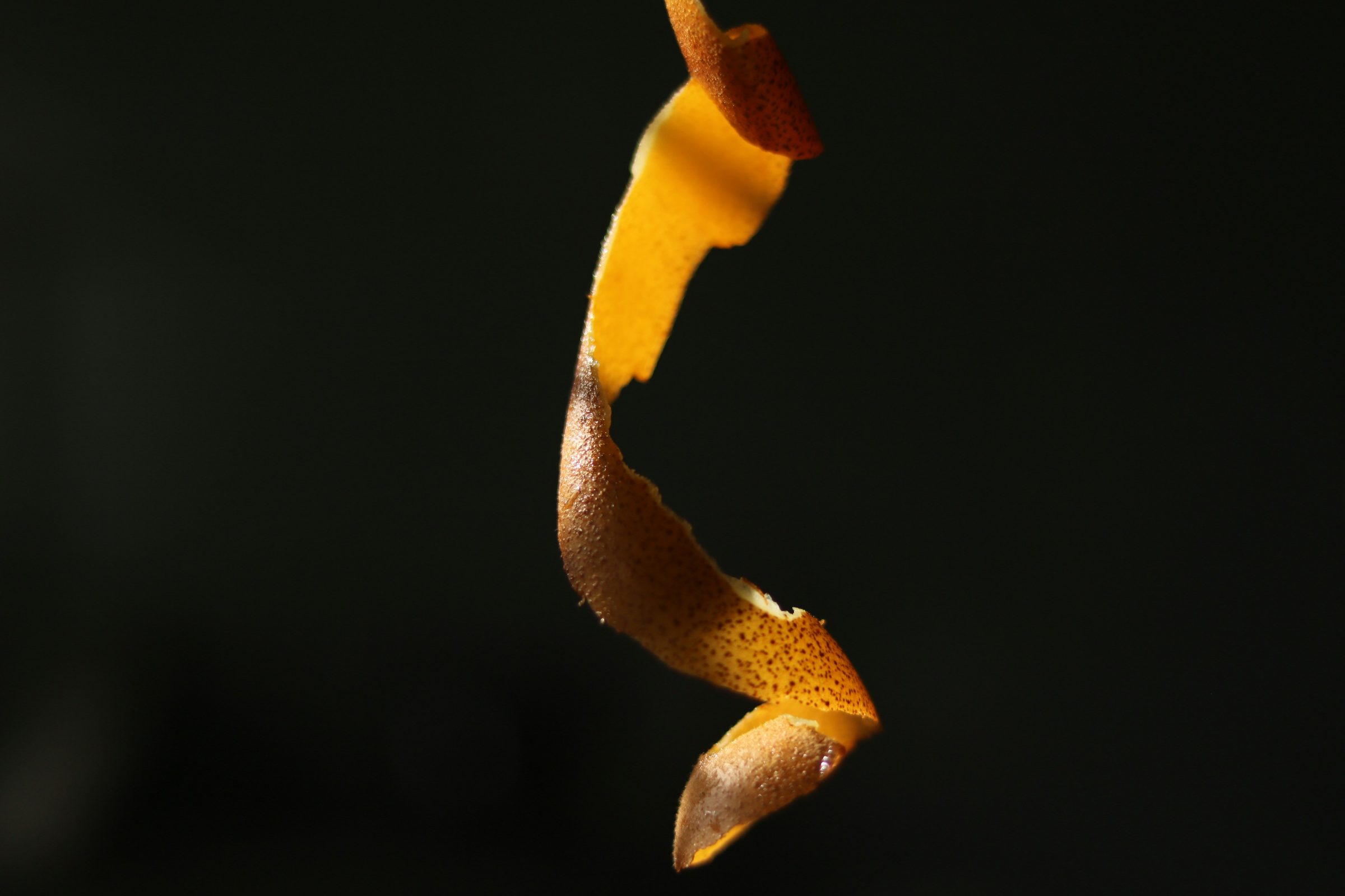 A curl of orange peel against a dark background